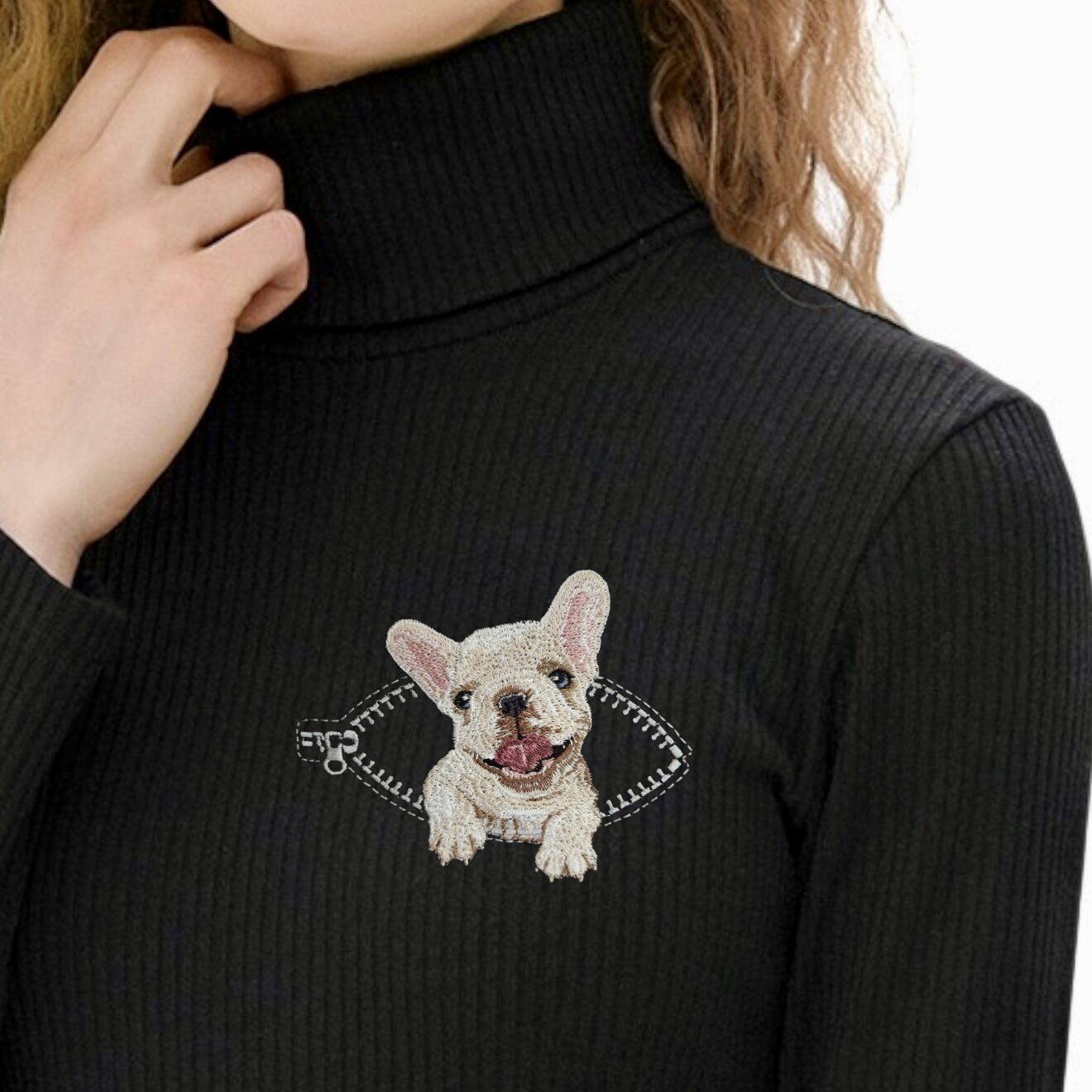 French bulldog in a pocket with a zipper Miniature realistic design of ...
